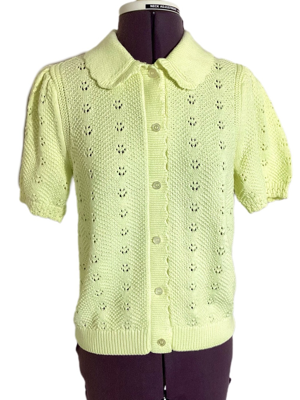 Free Assembly Yellow Pointelle Knit Puff Sleeve Cardigan Small